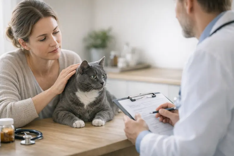 Katzenkrankenversicherung und Vorerkrankungen Tierarzt untersucht Katze mit Vorerkrankungen und bespricht Versicherungsoptionen.