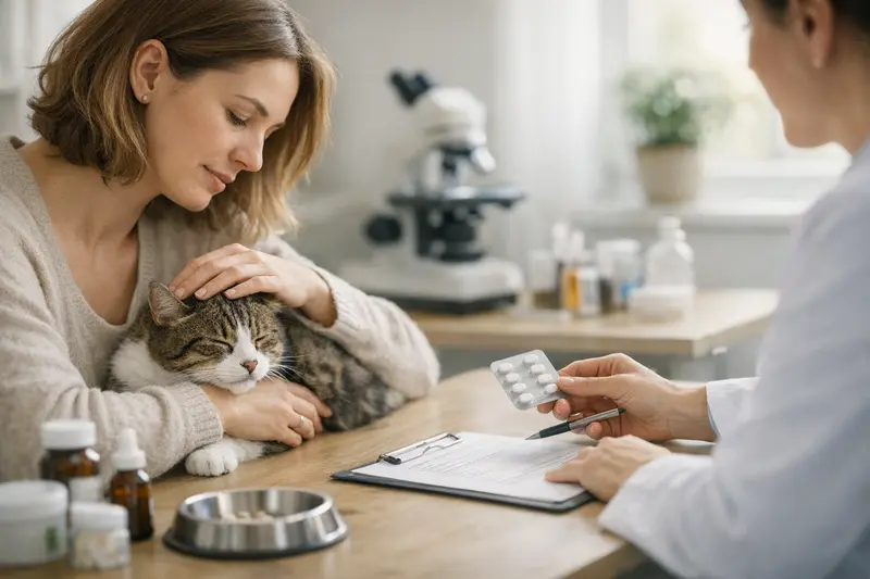 Tierärztliche Untersuchung bei Katze mit Juckreiz Eine Katze erhält eine tierärztliche Untersuchung, um die Ursache für wiederkehrenden Durchfall und Juckreiz festzustellen.