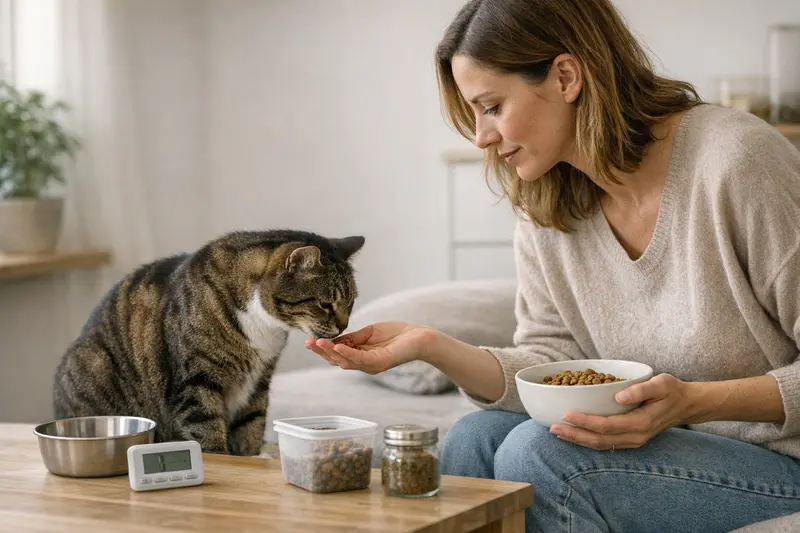 Eliminationsdiät bei Katzen Eine Katze erhält eine Futterprobe während einer Eliminationsdiät, um Allergien zu testen.