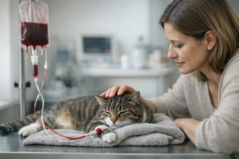 Bluttransfusion Katze Kosten Tierarzt bei der Durchführung einer Bluttransfusion an einer Katze in einer Klinik.