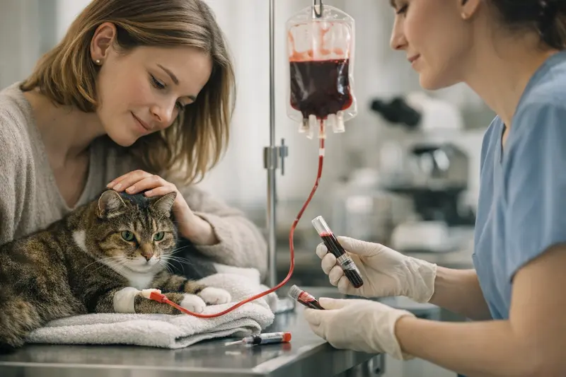 Blutgruppe und Transfusion bei Katzen Eine Katze erhält eine Bluttransfusion, während ein Tierarzt ihre Blutgruppe bestimmt.