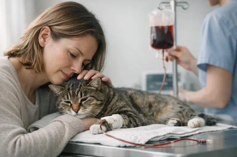 Tierarzt, der bei einer Katze eine Bluttransfusion vorbereitet.