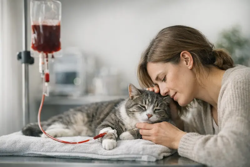 Bluttransfusion bei Katzenversicherung Eine Katze wird während einer tierärztlichen Untersuchung auf eine mögliche Bluttransfusion vorbereitet.
