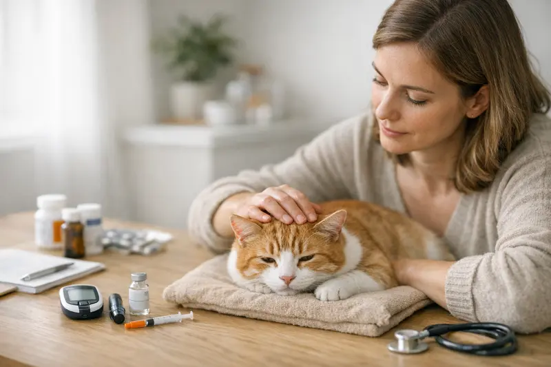 Katzen Diabetes Versicherung Beratung Katzenbesitzerin mit tierärztlichem Beratungsgespräch über Diabetes-Versicherungen.
