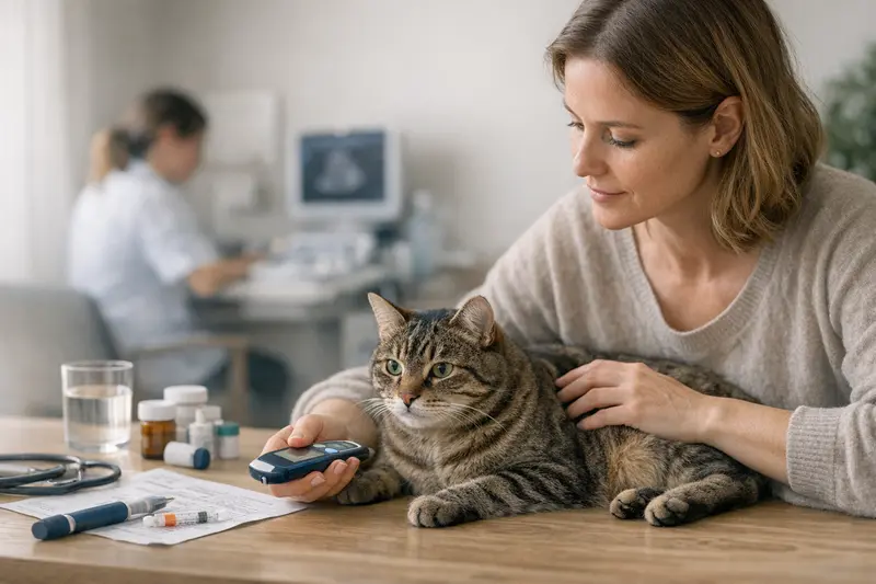 Kosten bei Katzen-Diabetes Ein Tierarzt erklärt einer Katzenhalterin die langfristigen Kosten, die bei Diabetes entstehen können.