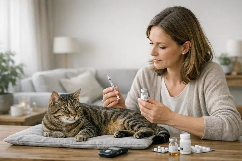 Katzengesundheit und Versicherungsschutz bei chronischen Erkrankungen Tierarzt bei der Untersuchung einer Katze mit chronischen Erkrankungen und dem Fokus auf Versicherungsschutz.