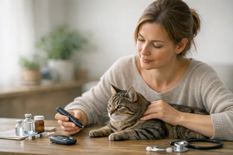 Katzenarzt bei der Untersuchung einer Katze mit Diabetes.