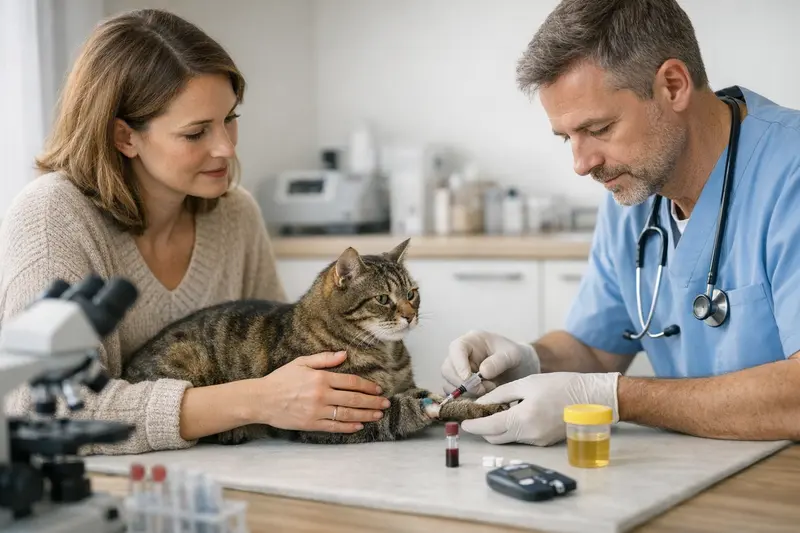 Diagnose von Diabetes bei Katzen Tierarzt untersucht eine Katze auf Diabetes mithilfe von Blut- und Urinuntersuchung.