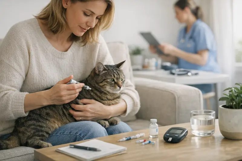 Eine Katze bei einer tierärztlichen Kontrolle zur Diabetesbehandlung.