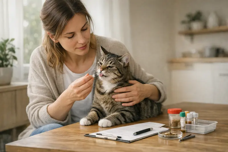 Katzengesundheit und Entwurmungskosten Katzenspezialist untersucht eine Katze auf Gesundheitsprobleme und gibt Auskunft über Entwurmungskosten