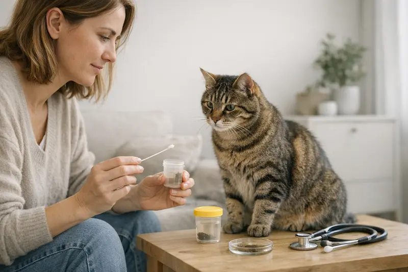 Tierarzt untersucht eine Kotprobe einer Katze zur Analyse.