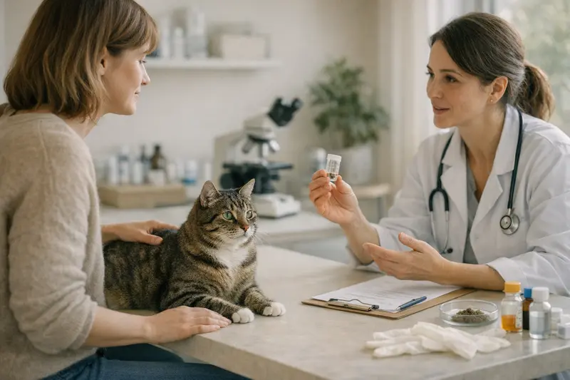 Tierarztkosten rund um die Entwurmung bei Katzen Eine Katze wird von einem Tierarzt untersucht, während die Kosten für Entwurmung besprochen werden.