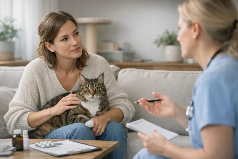 Eine Katze wird von einem Tierarzt entwurmt, was wichtig für die Gesundheit ist.