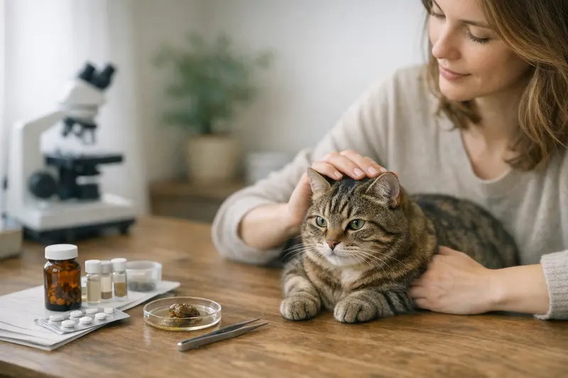 Eine Katze bei der Untersuchung durch einen Tierarzt für Entwurmung und Kotuntersuchungen.
