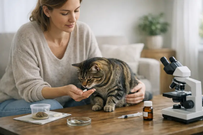 Eine Katze wird in einer Tierarztpraxis untersucht, um Informationen zur Entwurmung zu erhalten.