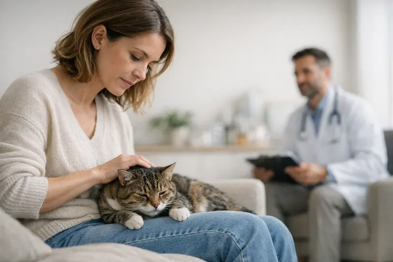 Tierarztbesuch bei Katzen - Symptome erkennen Eine besorgte Katzenhalterin, die bei einem Tierarzt über die Symptome ihrer Katze spricht.