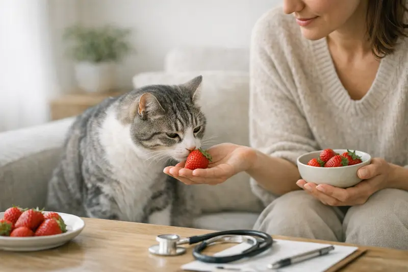 Katzen und Erdbeeren: Snack oder Risiko? Eine neugierige Katze überlegt, ob sie eine frische Erdbeere probieren soll.