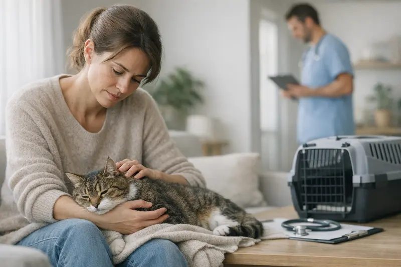Katze beim Tierarzt nach Snack Eine besorgte Katze sitzt in einer Tierarztpraxis nach einem Snack, während der Besitzer aufmerksam beobachtet.