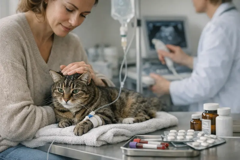 Tierarztbesuch bei Magen-Darm-Problemen einer Katze Eine Katze wird beim Tierarzt untersucht, um Magen-Darm-Probleme abzuklären.
