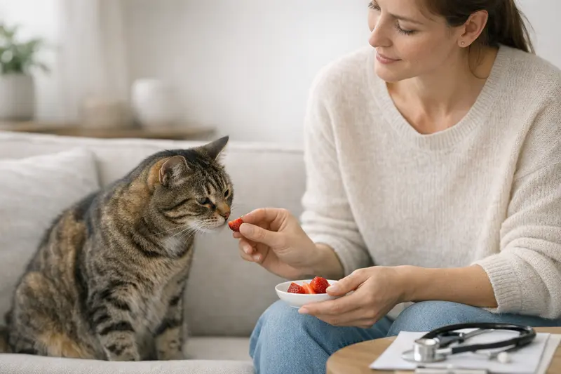 Katze mit Erdbeere Eine Katze, die vorsichtig ein kleines Stück Erdbeere untersucht, symbolisiert die Risiken beim Sprechen über tierische Ernährung.