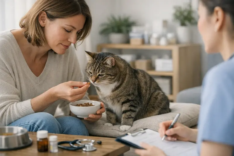 Eine Katze beim Tierarzt, die eine Untersuchung erhält, um mögliche Fütterungsprobleme zu diagnostizieren.