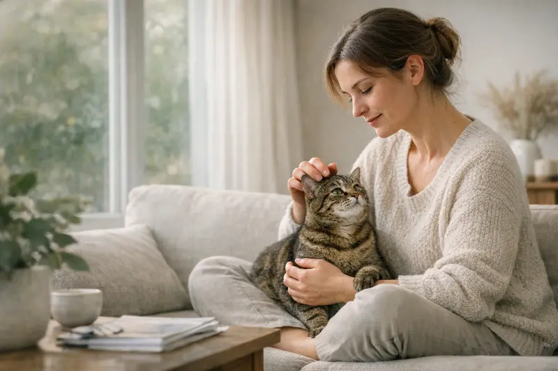 Katzenbesitzerin informiert sich über Absicherungsmöglichkeiten für ihre Katze