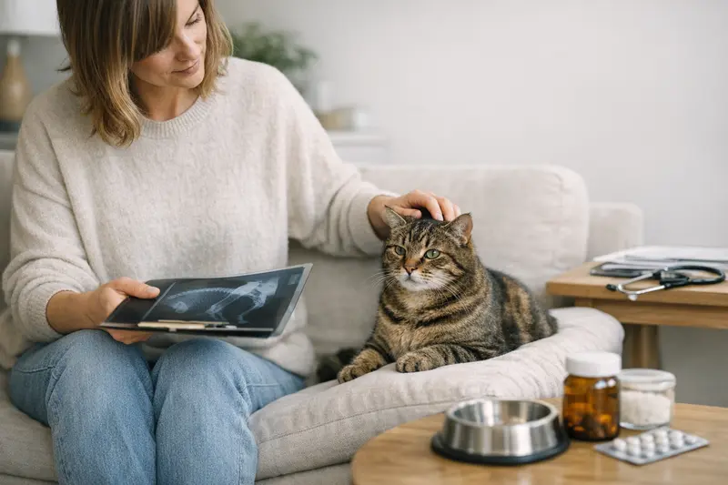 Ambulante Behandlung bei Katzen Eine gesunde Katze wird von ihrem Besitzer zur Tierärztin gebracht, um eine ambulante Behandlung zu erhalten.