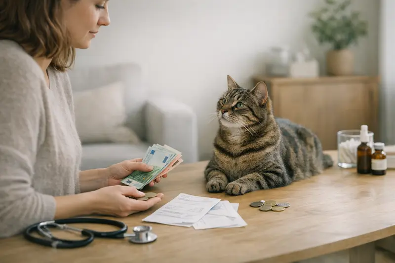Selbstbeteiligung bei Katzen-Tierarztkosten Eine Katze beim Besuch beim Tierarzt, die Selbstbeteiligung bei Tierarztkosten wird besprochen.