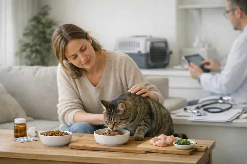 Eine gesunde Katze genießt ihre Mahlzeit aus einem hochwertigen Futternapf.