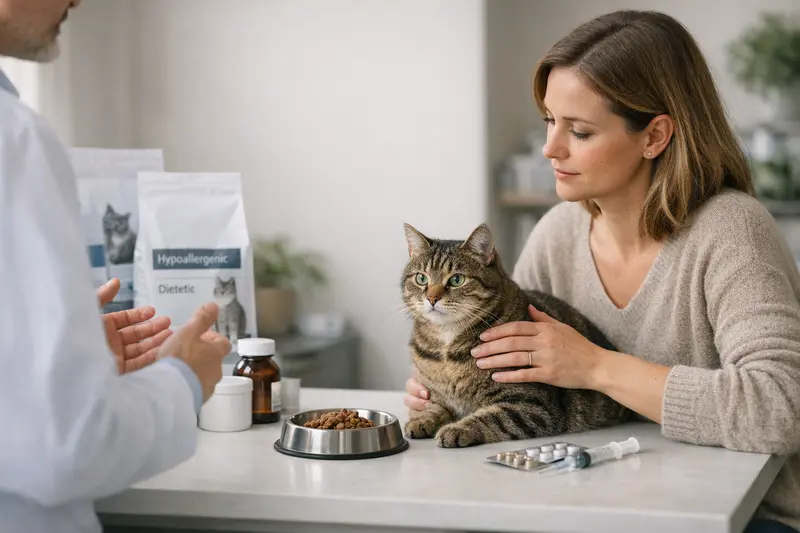 Diätfutter für Katzen unter tierärztlicher Aufsicht Ein Kater frisst aus einem Futternapf mit Diätfutter, während eine Tierärztin ihn untersucht.