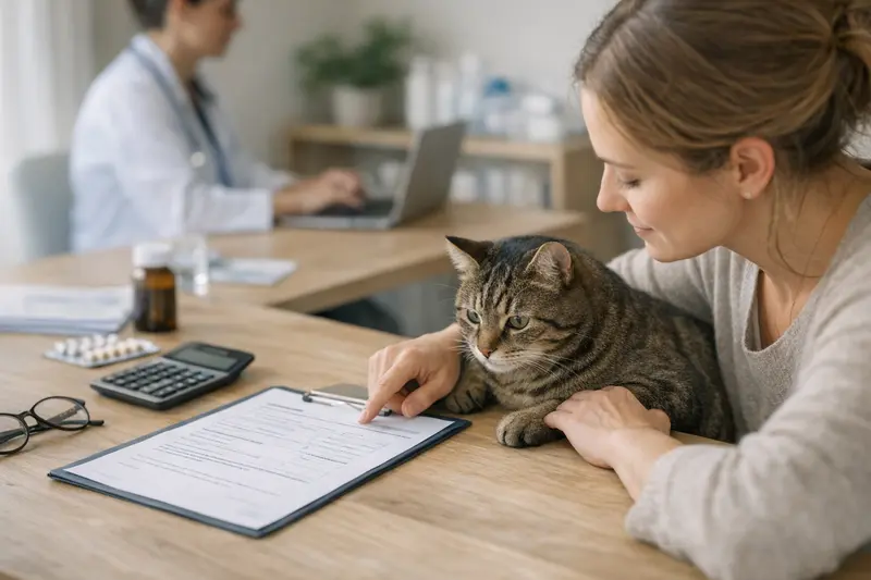 Tierhalterin bespricht Tarifdetails für Katzenversicherungen mit ihrem Tierarzt.