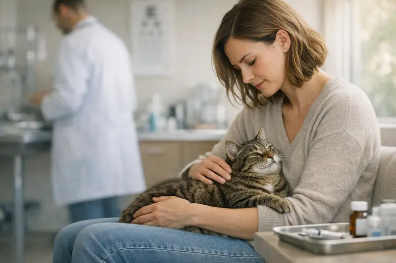 Eine Katze wird beim Tierarzt untersucht, um tierärztliche Kosten und Absicherung zu besprechen.
