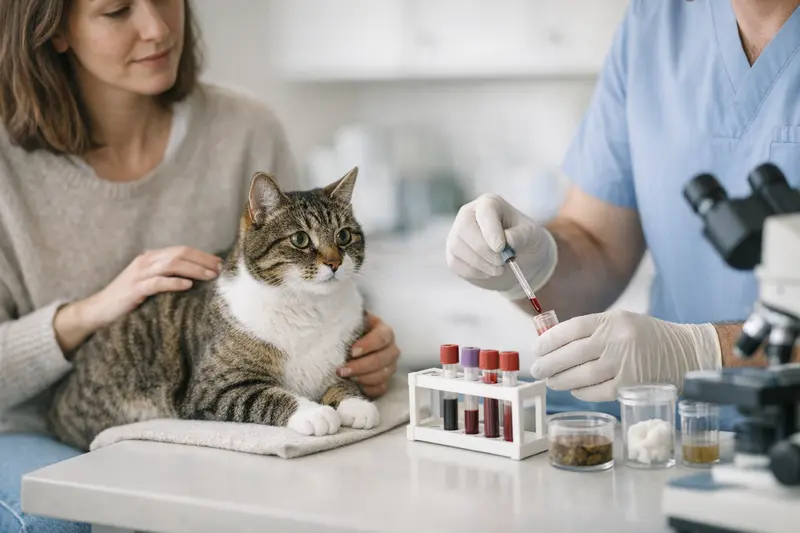 Laboruntersuchung einer Katze Tierarzthelferin führt eine Laboruntersuchung bei einer Katze durch.