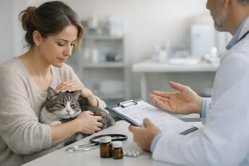 Tierarztbesuch Katze Infektion Tierarztuntersuchung einer Katze bei Verdacht auf Infektion, symbolisiert die Relevanz von Katzenkrankenversicherungen.