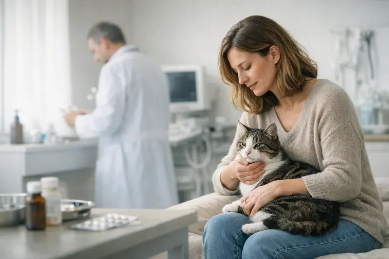 Katzenarzt Untersuchung Infektion Katze wird von Tierarzt auf Infektion untersucht, OP-Schutz ist ein relevantes Thema.