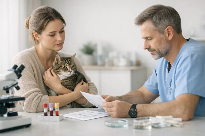 Tests bei Infektionsverdacht bei Katzen Tierarzt untersucht eine Katze auf mögliche Infektionen mit mehreren Tests.