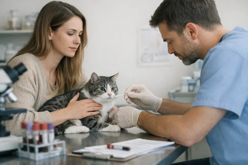 Tierarzt untersucht Katze auf Infektionskrankheiten mittels verschiedener Tests.