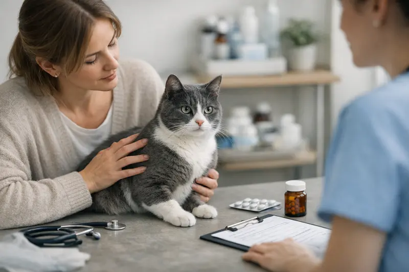 Ein Katzenbesitzer bespricht wichtige Tarifdetails für wiederkehrende Tierarztbesuche mit einem Tierarzt.
