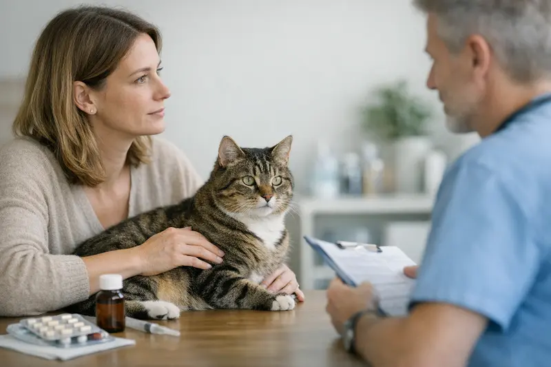 Eine Katze auf dem Untersuchungstisch beim Tierarzt, die umfassende Beratungen zur Krankenversicherung benötigt.