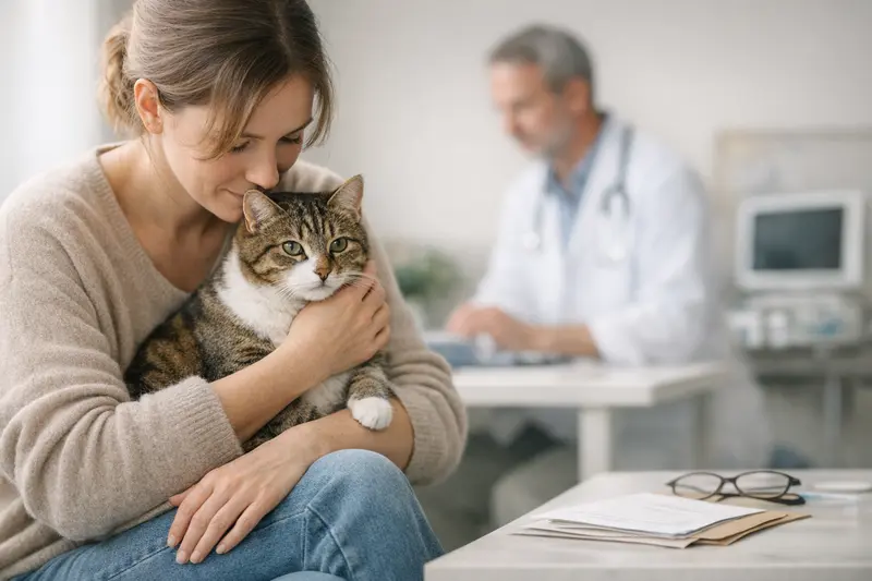 Katze gesund - Versicherungszeitpunkt Eine gesunde Katze untersucht, um relevante Tierarztkosten und Versicherungsmöglichkeiten zu evaluieren.