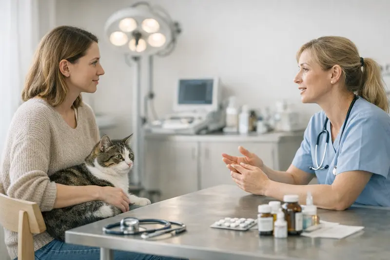 Tierarztbesuch einer Katze zur Gesundheitscheck Eine Katze wird von einem Tierarzt untersucht, während der Halter über OP-Schutz und umfassenden Versicherungsschutz nachdenkt.