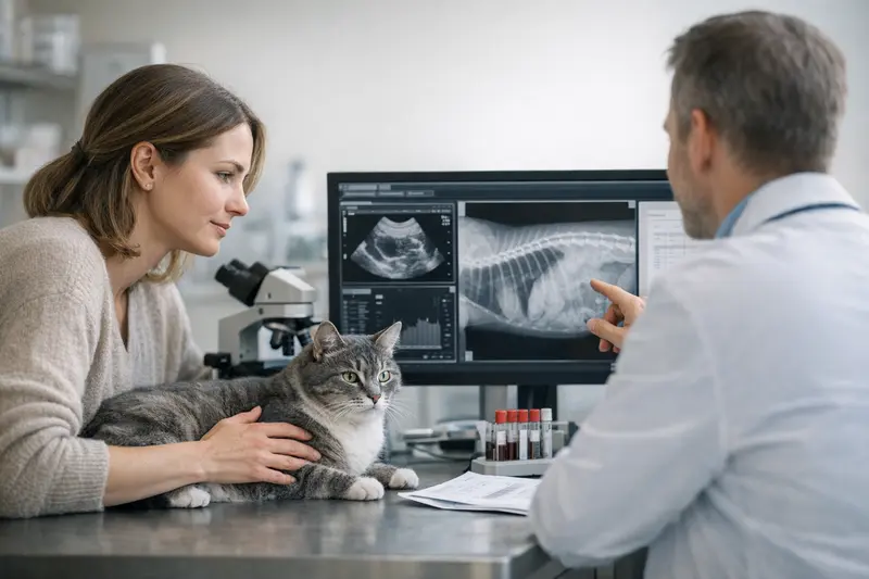 Katzenmedizin: Diagnostik und Versicherung Eine Katze beim Tierarzt, die auf eine Diagnostik, wie Blutuntersuchungen oder Bildgebungsverfahren vorbereitet wird.