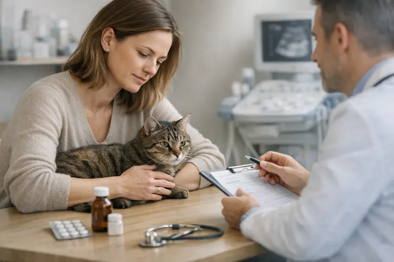 Katzenversicherung - Wichtige Punkte vor dem Abschluss Eine Katze, die vor einem Tierarztbesuch sitzt, während ihre Besitzerin Fragen zur Versicherung stellt.