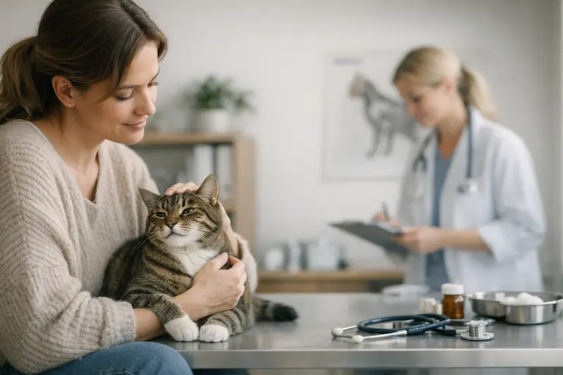 Tierarztbesuch Katze - Vorsorgeleistungen verstehen Tierarztuntersuchung einer Katze mit Fokus auf Vorsorgeleistungen in der Katzenversicherung.