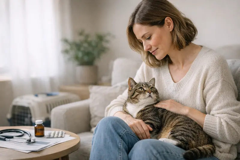 Katzenversicherung und Tierarztkosten Eine entspannte Katze sitzt auf dem Tisch beim Tierarzt, während die Halterin über die Kosten einer Katzenversicherung nachdenkt.