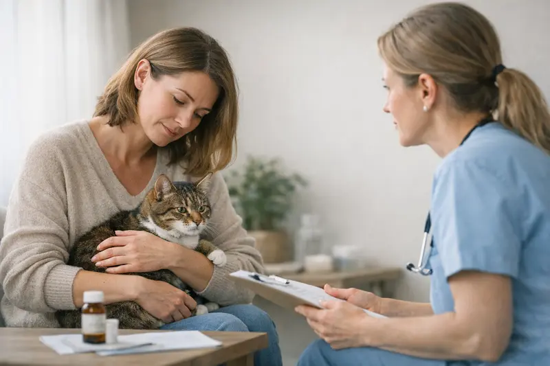 Tierarztbesuch Katze - Vorerkrankungen und Wartezeiten Eine Katze wird von einem Tierarzt untersucht, symbolisiert Gesundheitsvorsorge und Wartezeiten bei Versicherungen.