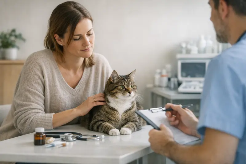 Unterschiede zwischen Katzenversicherung-Tarifen Katzenhalter bespricht mit Tierarzt Unterschiede der Katzenversicherungs-Tarife.