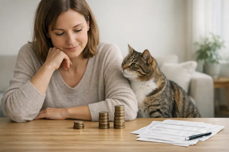 Katzenversicherung und Selbstbeteiligung verstehen Eine Katze beim Tierarzt, umgeben von tiermedizinischen Unterlagen und Versicherungsinformationen zur Selbstbeteiligung.