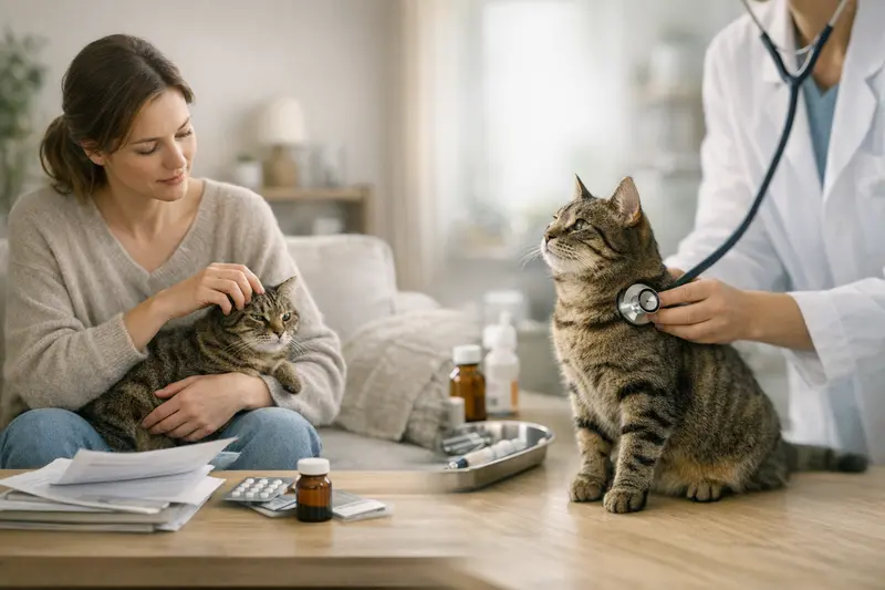 Tierärztliche Untersuchung einer Katze Eine Katze beim Tierarzt zur Gesundheitsuntersuchung.