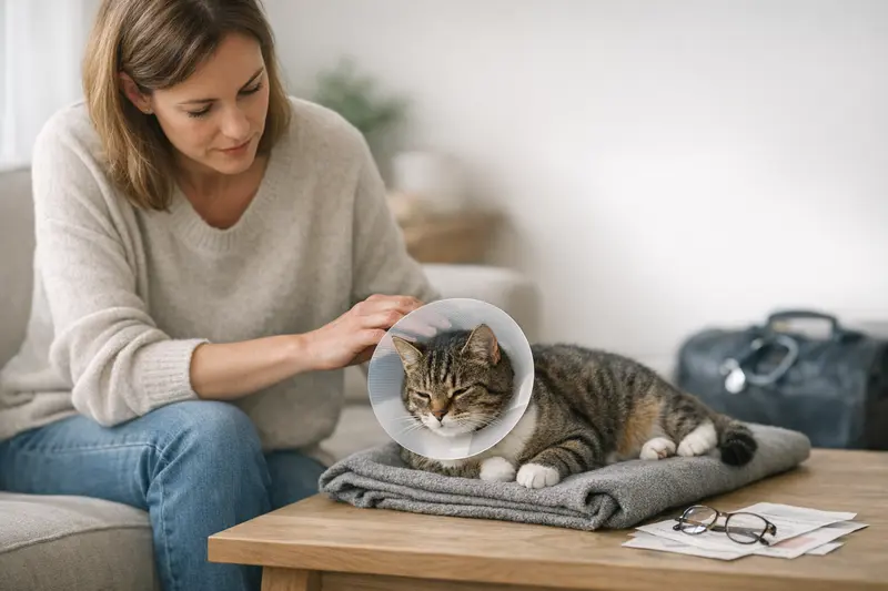Katzenbesitzerin, die sich über Wartezeiten in der Tierkrankenversicherung informiert.